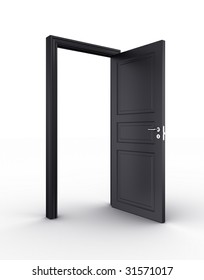 3d Rendering Of A Black Open Door Standing On A White Floor