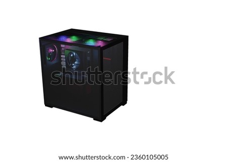 3D rendering of a black PC case with colorful lights isolated on white background.