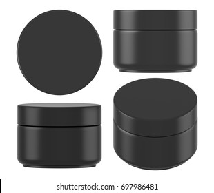 3D Rendering Black Plastic Cosmetic Jar For Cream, Butter, Scrub, Gel, Powder, Wax. Realistic Packaging Mock Up Template