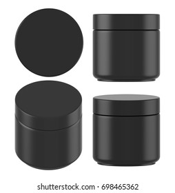 3D Rendering Black Plastic Cosmetic Jar For Cream, Butter, Scrub, Gel, Powder, Wax. Realistic Packaging Mock Up Template