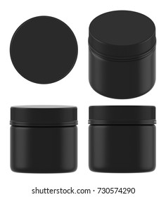 3D Rendering Black Plastic Cosmetic Jar For Cream, Butter, Scrub, Gel, Powder, Wax. Realistic Packaging Mock Up Template