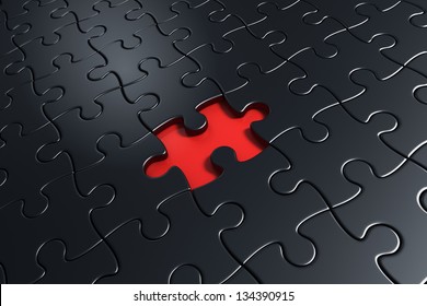 3d rendering of black puzzle pieces with one piece missing in the middle