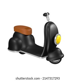 3D Rendering. Black Retro Vintage Scooter Isolated On White Background. Classic Motorcycle Scooter Side View. European Scooter With Step Through Frame 3D Rendering.