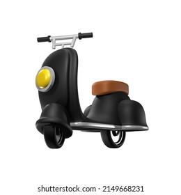 3D Rendering. Black Retro Vintage Scooter Isolated On White Background. Classic Motorcycle Scooter Side View. European Scooter With Step Through Frame 3D Rendering.