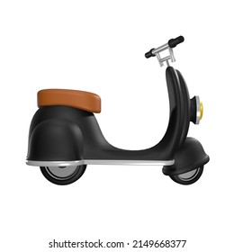 3D Rendering. Black Retro Vintage Scooter Isolated On White Background. Classic Motorcycle Scooter Side View. European Scooter With Step Through Frame 3D Rendering.