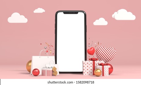 3D rendering of black smartphone with white screen and red white heart pattern of gift box with red ribbon and white shopping bag and red ball and gold ball and gold dollar in pink bg with white cloud