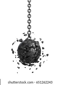 3d rendering of a black swinging wrecking ball crashing into a wall on white background. Loss and destruction. Demolition works. Breaking bounds.