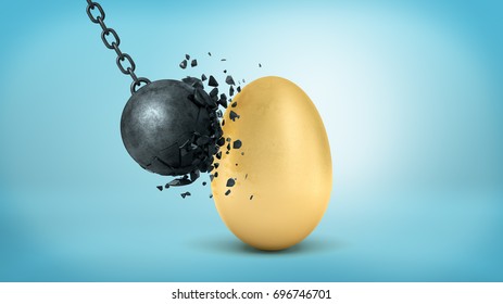 3d Rendering Of Black Swinging Wrecking Ball Breaks At Collision With A Giant Intact Golden Egg. Safe Investment. Capital Protection. Gold Standard.