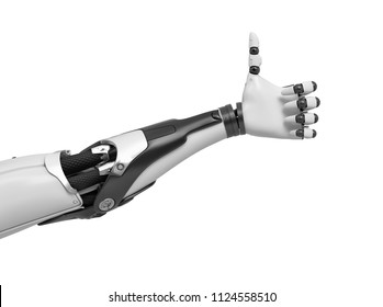 3d rendering of a black and white robotic hand making thumbs-up approving gesture. Robotics development. High-tech approved. Good idea.