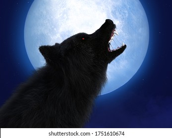 3D Rendering Of A Black Wolf Or Werewolf With Glowing Red Eyes Howling At The Big Moon. Stars In The Night Sky.