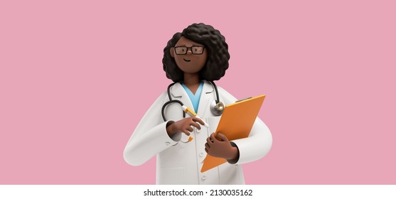 3d Rendering. Black Woman Doctor Holds Clipboard And Pen. Therapist Cartoon Character, Healthcare Professional, Isolated On Pink Background. Medical Insurance Concept