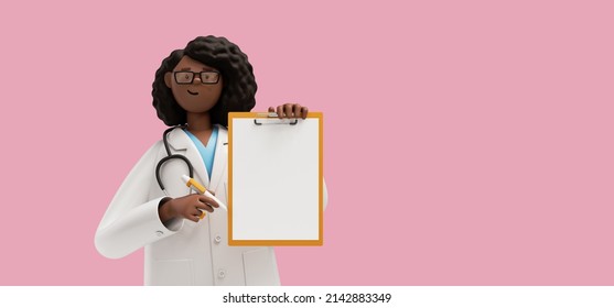 3d Rendering. Black Woman Doctor With Blank Clipboard, Nurse Cartoon Character, Healthcare Professional, Isolated On Pink Background. Medical Illustration