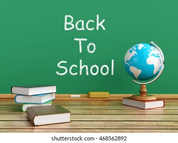 3d Rendering Of A Blackboard With Books And Desktop Globe