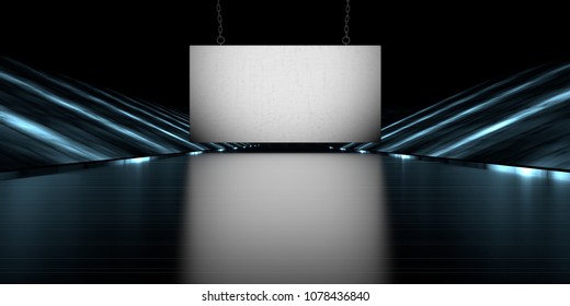 3d Rendering Of A Blank Banner In A Futuristic Stage Road With A Dark Background