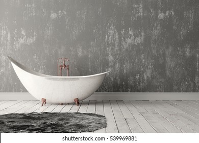3D rendering of blank bathroom with deep-piled carpet on the wooden floor in front of painted rough wall.