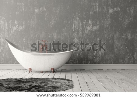 3D rendering of blank bathroom with deep-piled carpet on the wooden floor in front of painted rough wall.