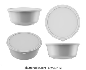 3D Rendering Blank Big White Bowl With Plastic Lid For Instant Noodles, Mashed Potato Or Soup, Mock Up Packaging Template