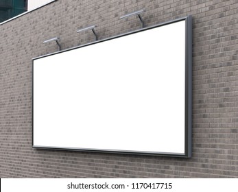 3D Rendering Of Blank Billboard (empty Advertisement) On Brick Wall. Empty Mockup Template