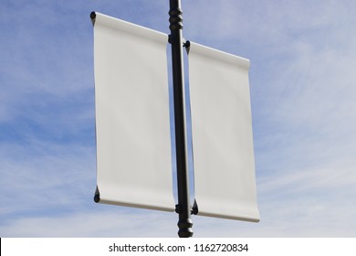 3D Rendering Of Blank Flag Banner (empty Advertisement) With Clouds. Empty Mockup Template