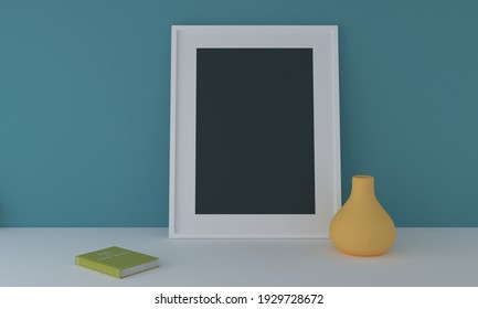 A 3D rendering of a blank frame mockup next to a vase and book leaning against a blue wall