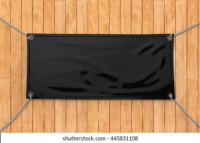 3d Rendering Blank Vinyl Banner Hanging On Wooden Background