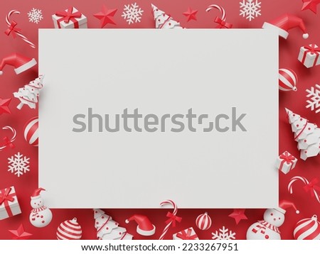 3d rendering blank white card on Christmas decoration items including Christmas tree, star, gift box, snow man, Santa hat, snow flake, candy cane, 3 types of decorative ball.