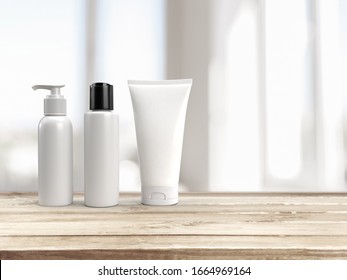 3d Rendering Of Blank White Mockup Cosmetic Set A Pump Lid Bottle, A Flip Lid Bottle And A Squeeze Tube On An Wooden Base With Space For Text