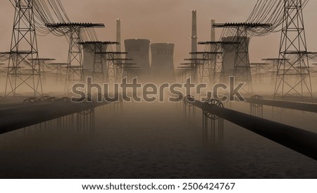 3d rendering of bleak appearing nuclear power plant with its distinctive cooling towers.  In the foreground are lots of pipes and power lines.