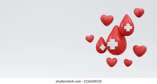 3D Rendering Of Blood Drop With Red Cross Sign With Copy Space Background, Banner, Card, Poster Concept Of World Blood Donation Day. 3D Render Illustration Cartoon Style.