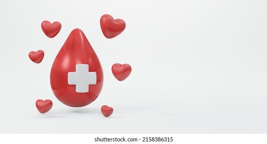 3D Rendering Of Blood Drop With Red Cross Sign With Copy Space Background, Banner, Card, Poster Concept Of World Blood Donation Day. 3D Render Illustration Cartoon Style.