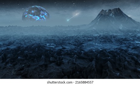 3d rendering, Blue Alien planet landscape and dying star, 3d illustration