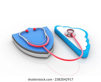 3d rendering Blue Cloud with shield and Stethoscope
