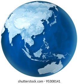 3D rendering of blue earth with detailed land illustration.  Asia and Australia view.