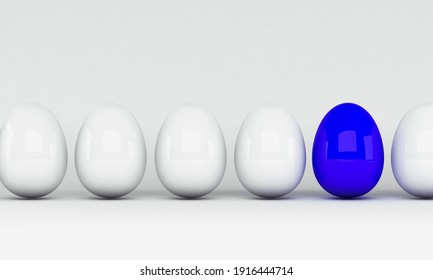 3D rendering. Blue egg among group of white eggs. Unique concept