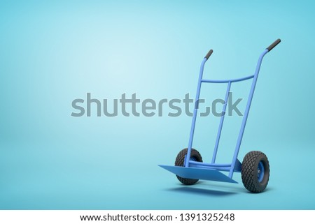 3d rendering of blue empty hand truck standing upright in half-turn on light-blue background with much copy space. Gardening equipment. Material handling. Moving supplies.