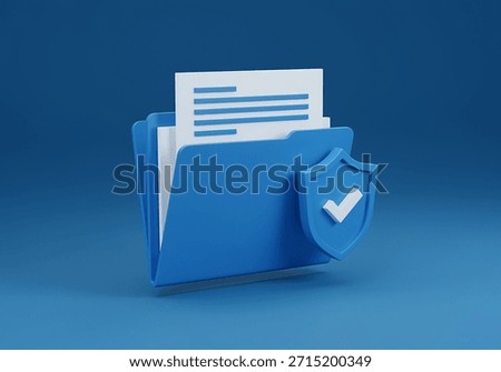 3D rendering of a blue folder with a document and a shield icon on a transparent background