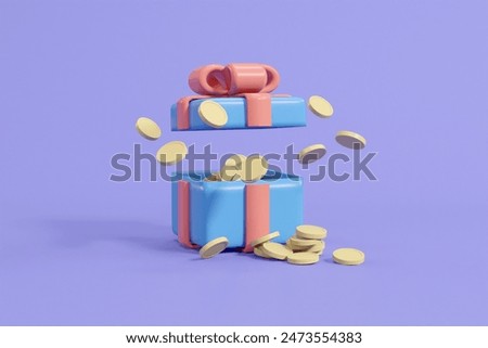 3D Rendering: Blue Gift Box with Red Ribbon, Open Lid, Scattered Coins, on a Light Purple Background