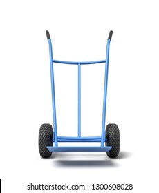 3d Rendering Of Blue Hand Truck, Standing Position, Isolated On White Background. Material Handling. Heavy Duty. Transportation Tools.