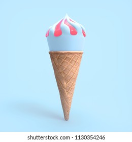 3D rendering blue hawaii ice cream with strawberry sauce topping isolated on pastel blue background with clipping path for die cut to use in any backdrop