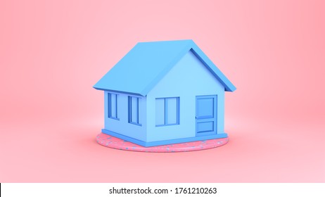 3d Rendering Of A Blue House On Pink Platform. Advertising Real Estate Agency, Mortgage, Home Sales, Digital Marketing, Social Network. Unusual Cartoon Style Joke.