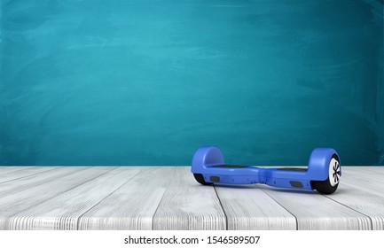 3d rendering of blue hoverboard on white wooden floor and dark turquoise background. Games and sports. Outdoor activities. Sporting goods.