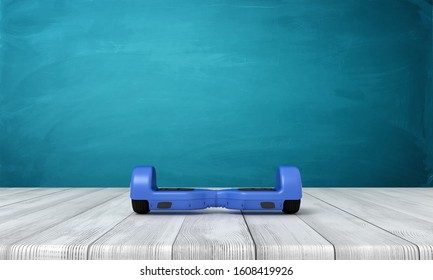 3d rendering of blue hoverboard on white wooden floor and dark turquoise background. Games and sports. Outdoor activities. Sporting goods.