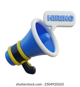 A 3D rendering of a blue megaphone with a white speech bubble saying "Hiring" - representing job openings and recruitment. - Powered by Shutterstock