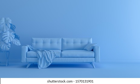 3D rendering of blue monochrome space with sofa