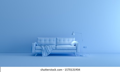 3D Rendering Of Blue Monochrome Space With Sofa