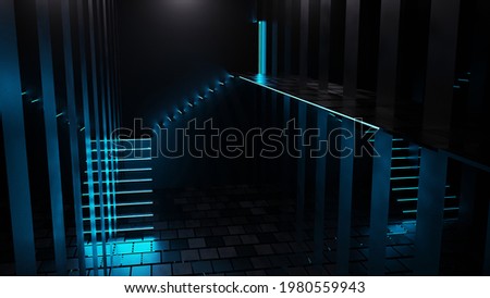 3D rendering of blue neon light staircase corridors in abstract glass room
