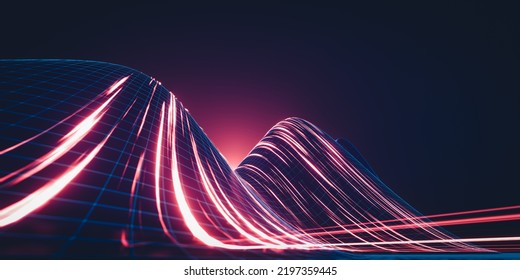 3d Rendering Blue Neon Wireframe Mountain With Close Up Red Light Trails . Abstract Technology Background.