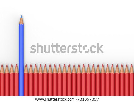3d rendering. A Blue pencil is higher than a group of red pencil on white background, mean as gender pay gap of male and female concept.