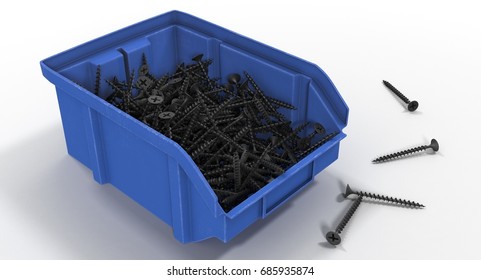 3D Rendering - Blue Plastic Storage Bin With Self-tapping Screws Isolated On White Background.