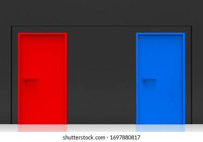 3d rendering. Blue and red Doors on black cement wall background. two choice for choosing or select future concept.